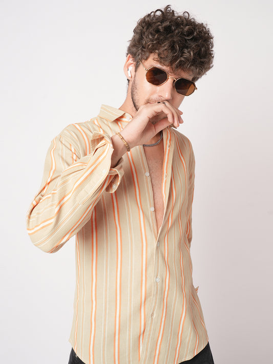 Sand Beige & Orange Striped Waffle Shirt