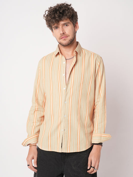 Sand Beige & Orange Striped Waffle Shirt
