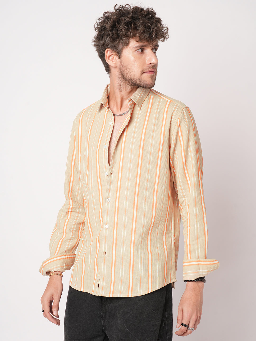 Sand Beige & Orange Striped Waffle Shirt