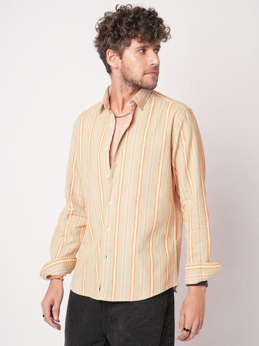 Sand Beige & Orange Striped Waffle Shirt
