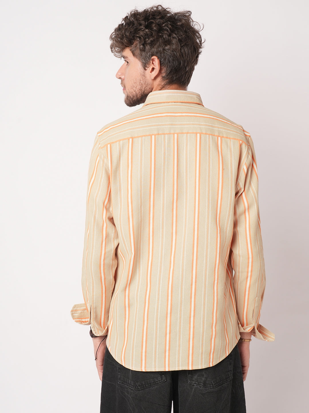 Sand Beige & Orange Striped Waffle Shirt