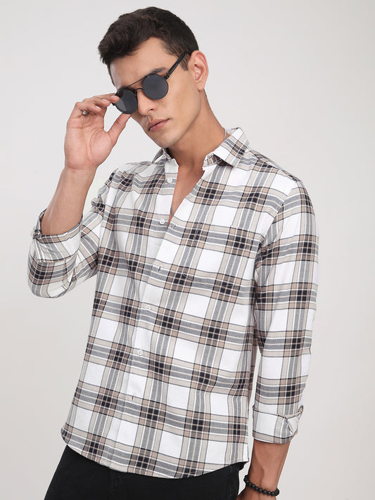 Premium Cotton White & Brown Plaid Checks Shirt