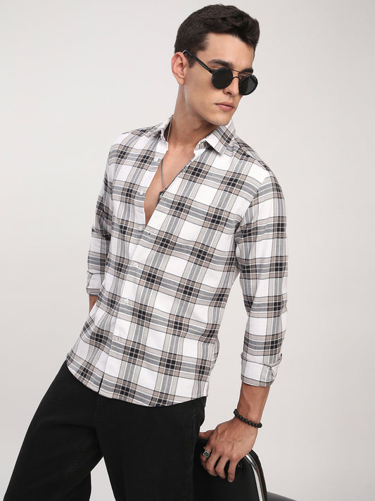 Premium Cotton White & Brown Plaid Checks Shirt