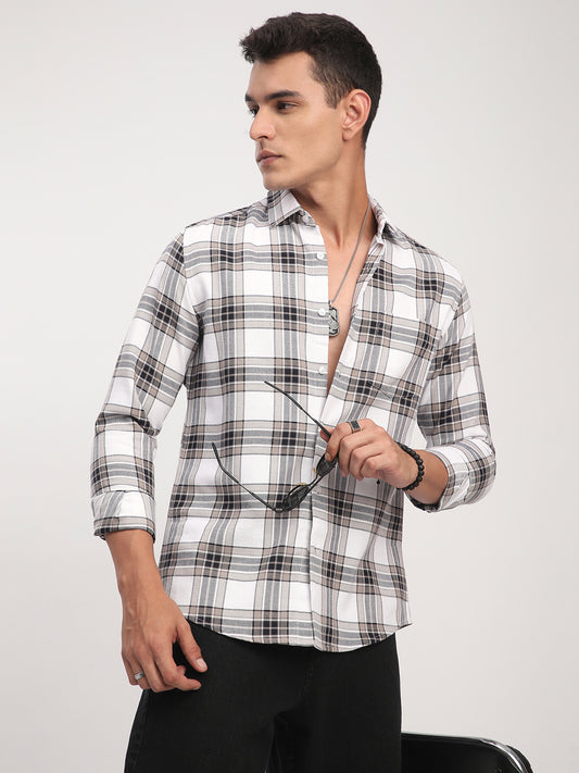 Premium Cotton White & Brown Plaid Checks Shirt