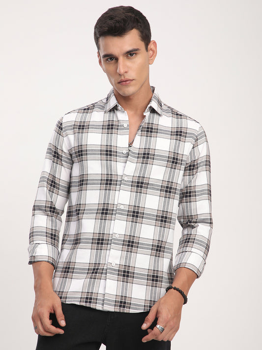 Premium Cotton White & Brown Plaid Checks Shirt