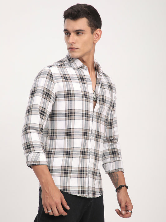 Premium Cotton White & Brown Plaid Checks Shirt