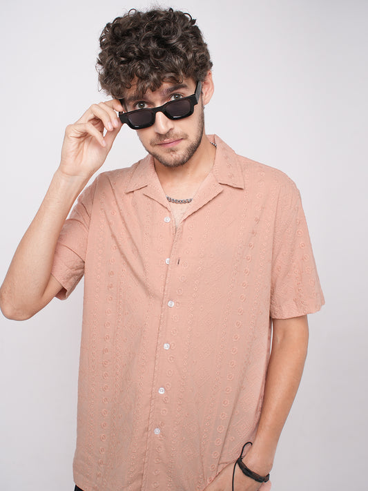 Intricate Apricot Embroidered Notch Collar Oversized Shirt