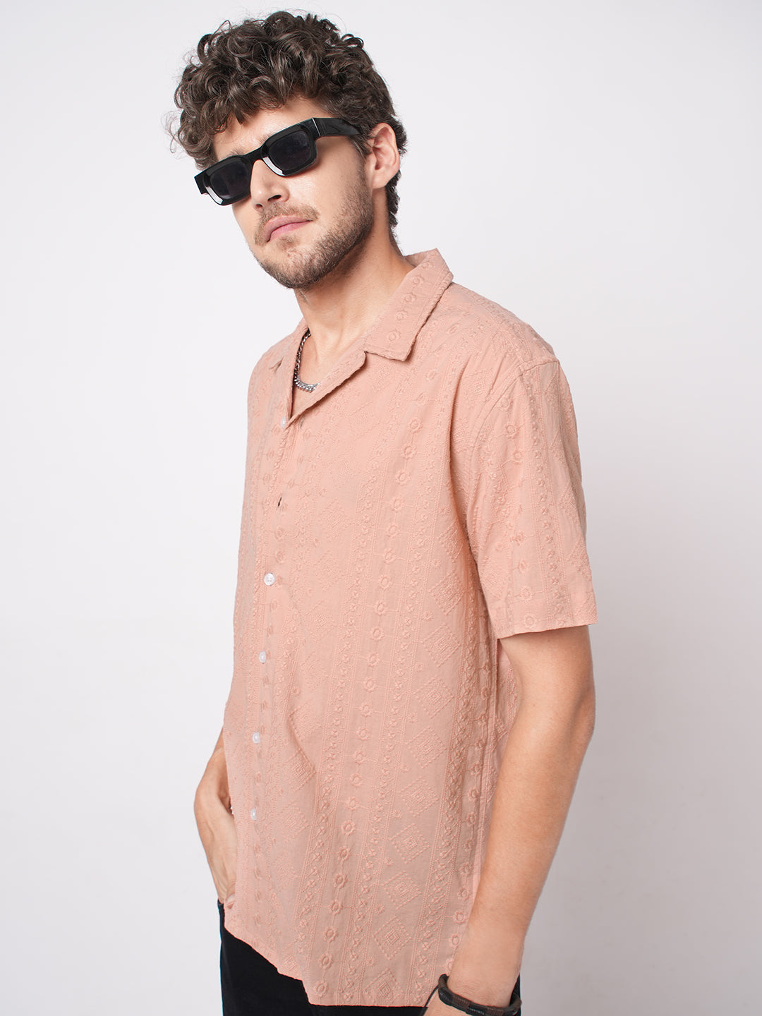 Intricate Apricot Embroidered Notch Collar Oversized Shirt