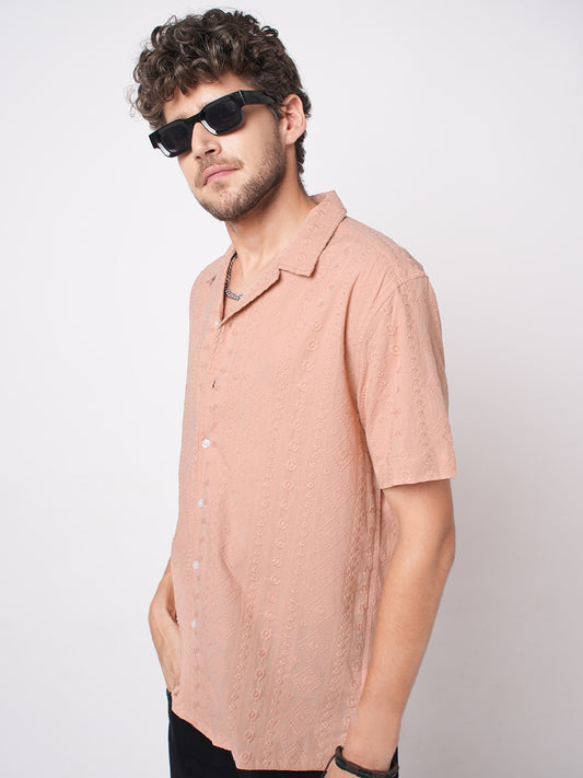 Intricate Apricot Embroidered Notch Collar Oversized Shirt