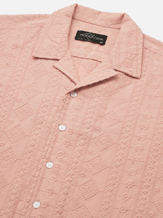 Intricate Apricot Embroidered Notch Collar Oversized Shirt
