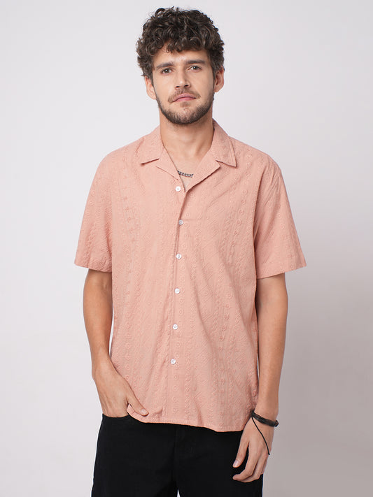 Intricate Apricot Embroidered Notch Collar Oversized Shirt