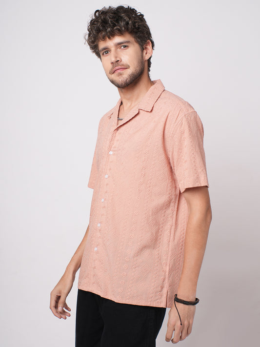 Intricate Apricot Embroidered Notch Collar Oversized Shirt