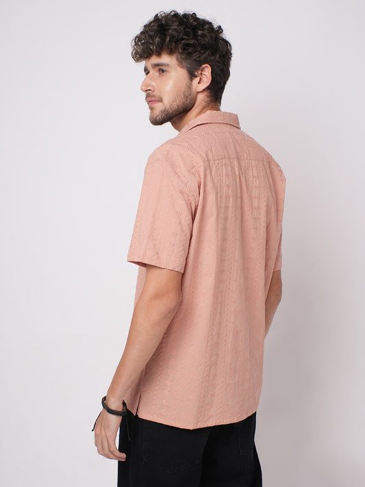 Intricate Apricot Embroidered Notch Collar Oversized Shirt