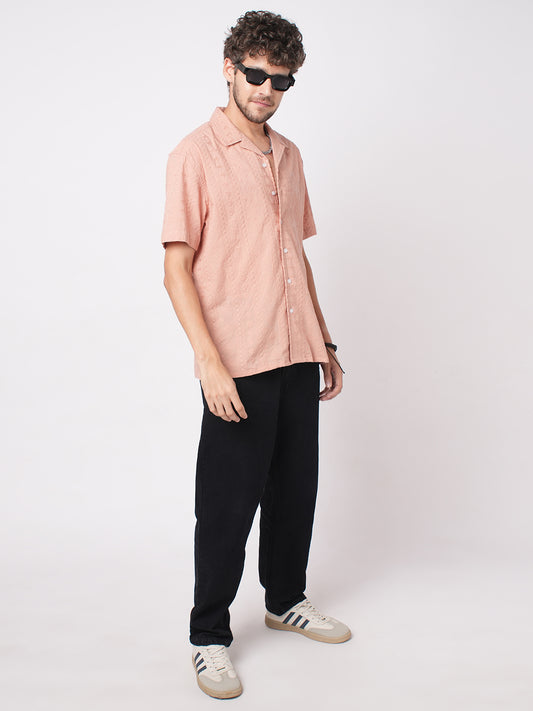 Intricate Apricot Embroidered Notch Collar Oversized Shirt