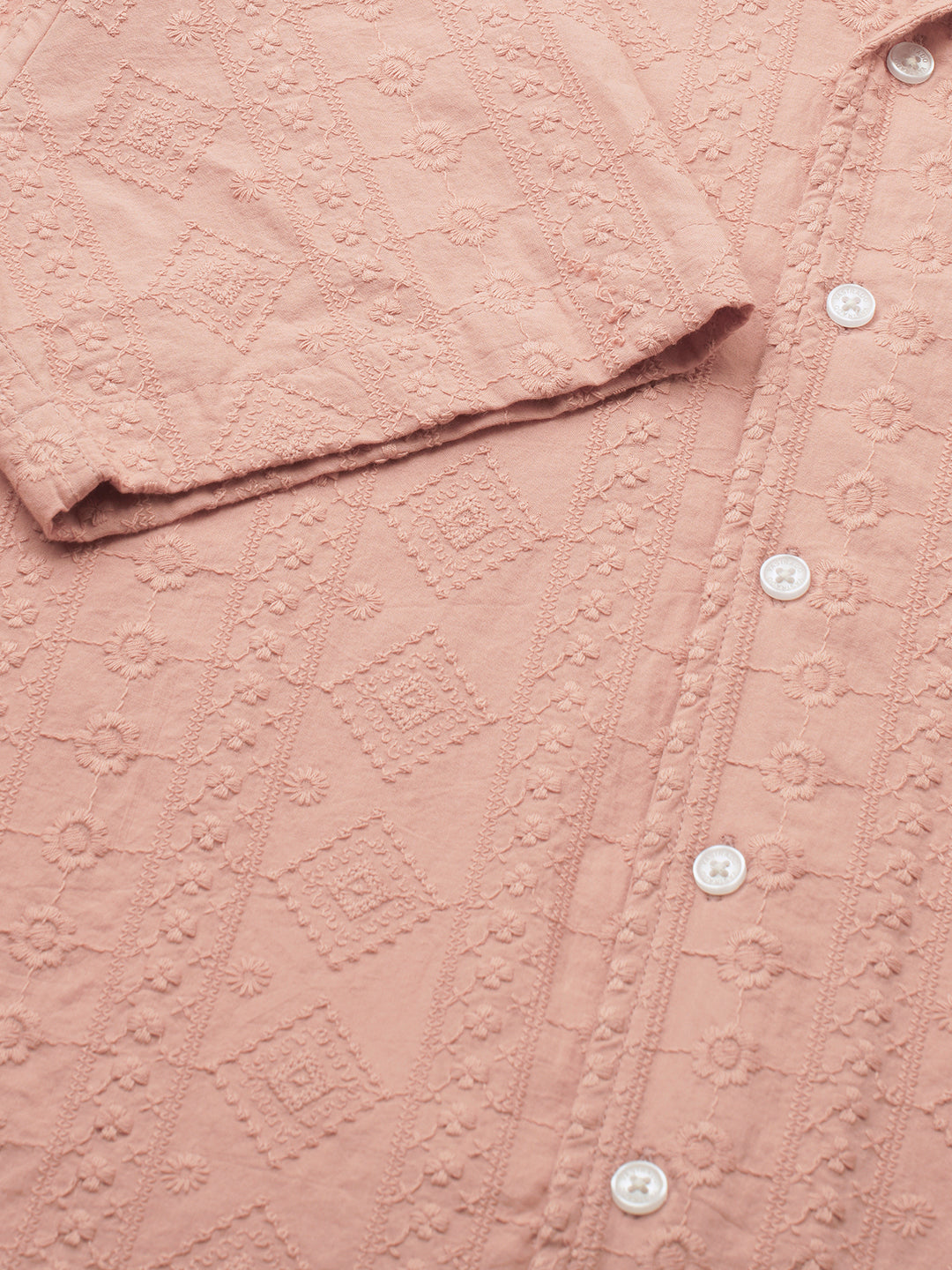 Intricate Apricot Embroidered Notch Collar Oversized Shirt