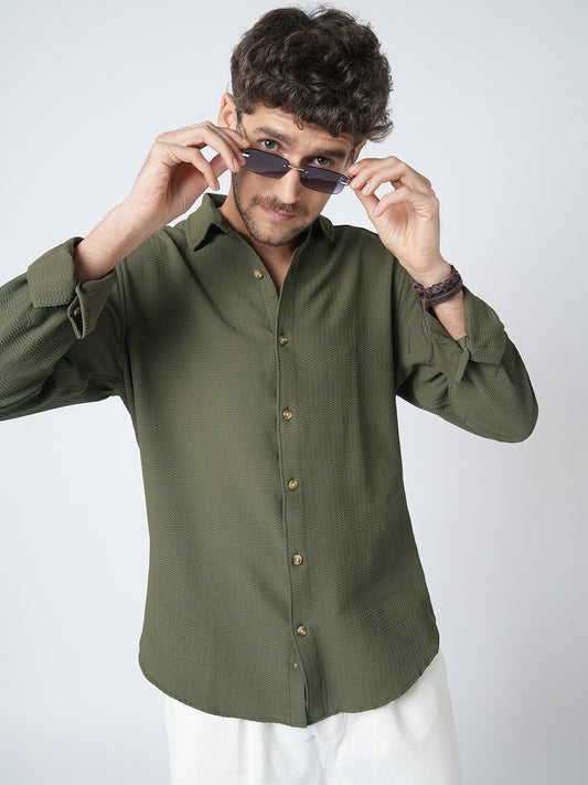 Olive Green Terrain Ripple Detail Jacquard Shirt