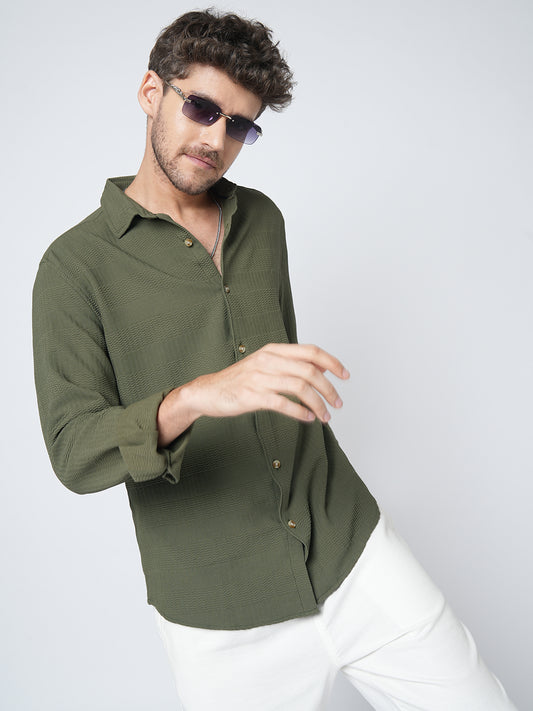 Olive Green Terrain Ripple Detail Jacquard Shirt