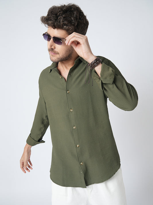 Olive Green Terrain Ripple Detail Jacquard Shirt