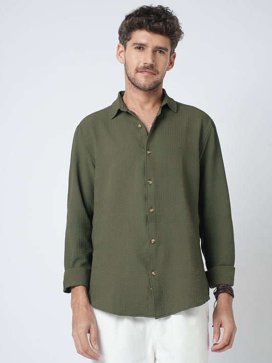 Olive Green Terrain Ripple Detail Jacquard Shirt
