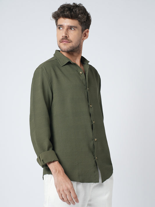 Olive Green Terrain Ripple Detail Jacquard Shirt