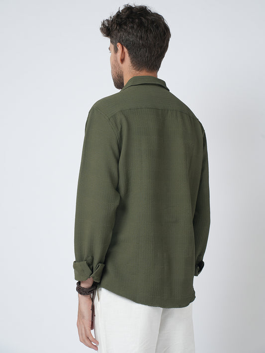 Olive Green Terrain Ripple Detail Jacquard Shirt