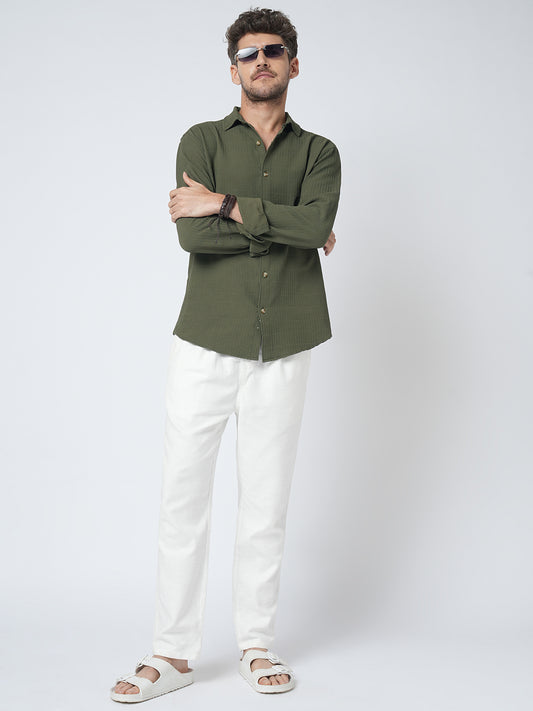 Olive Green Terrain Ripple Detail Jacquard Shirt