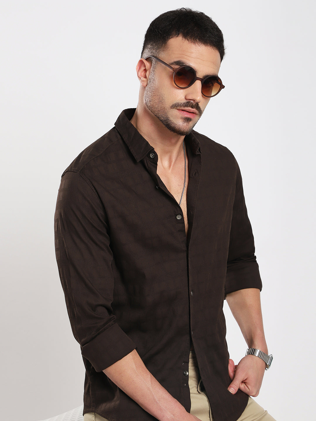 Espresso Brown Subtle Checks Textured Shirt