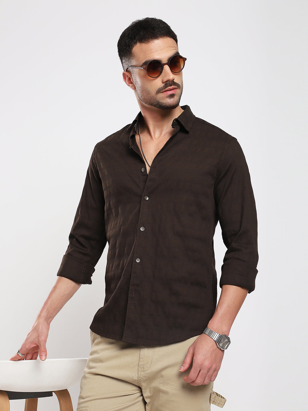 Espresso Brown Subtle Checks Textured Shirt