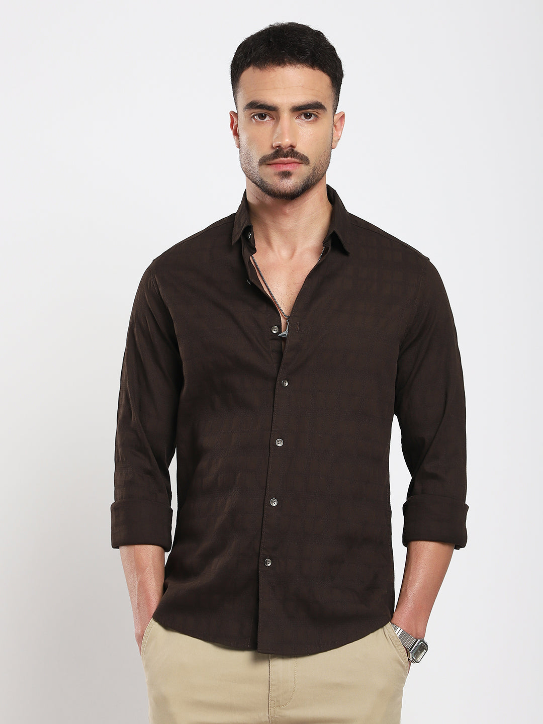 Espresso Brown Subtle Checks Textured Shirt