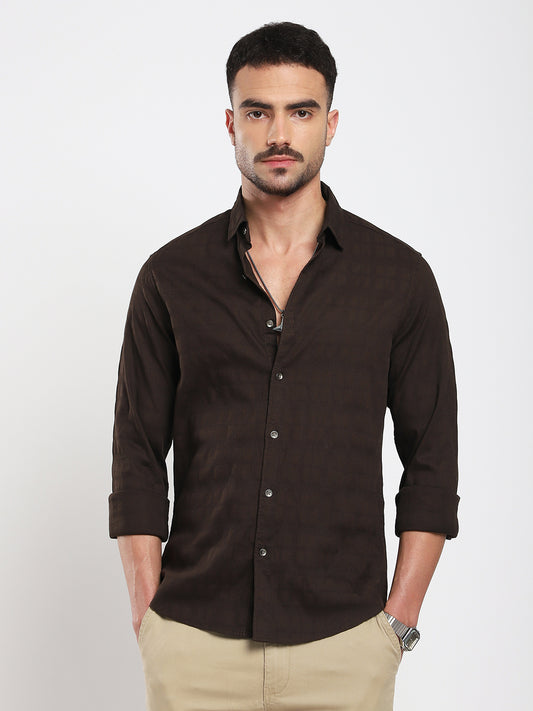 Espresso Brown Subtle Checks Textured Shirt