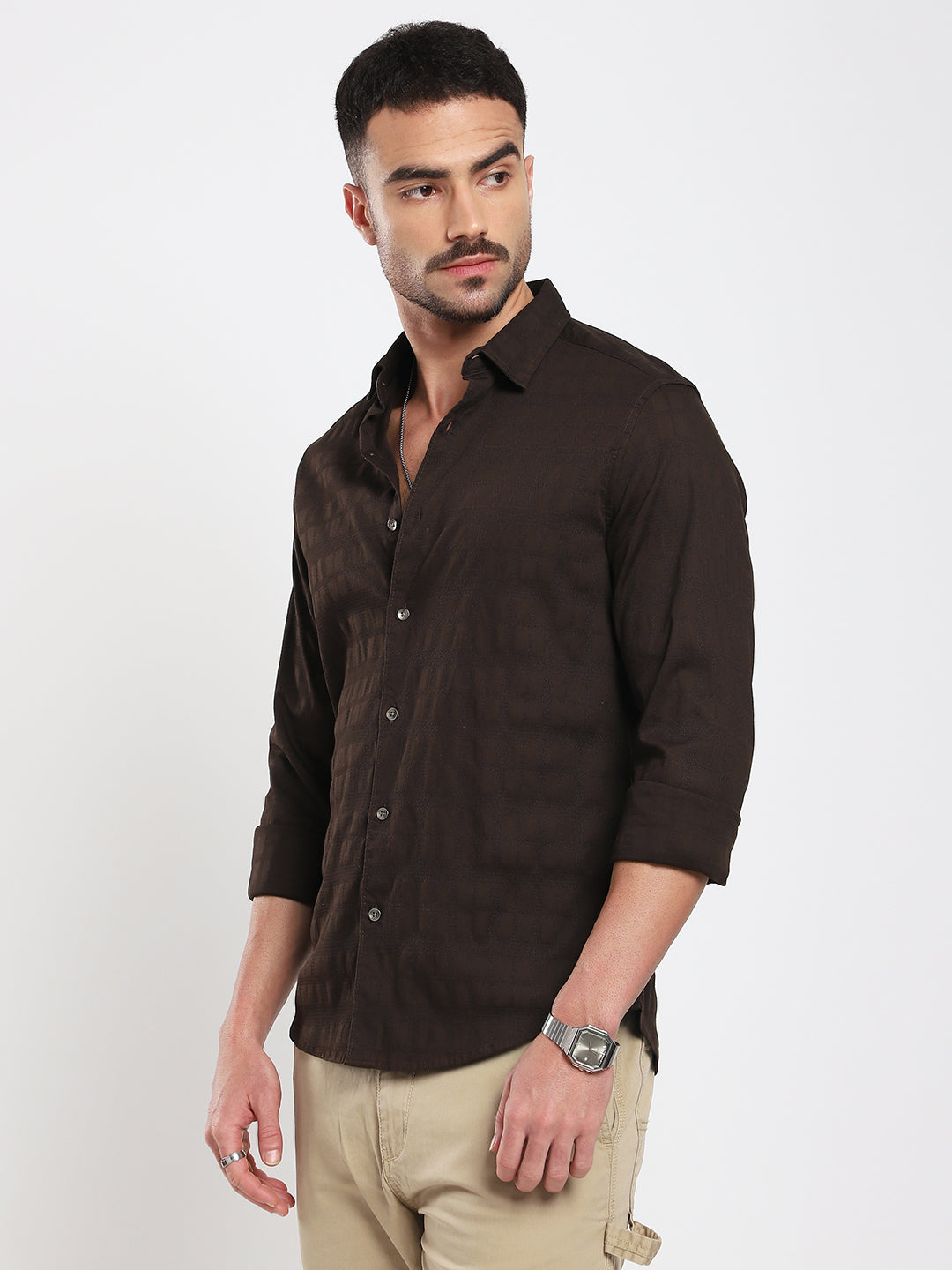 Espresso Brown Subtle Checks Textured Shirt