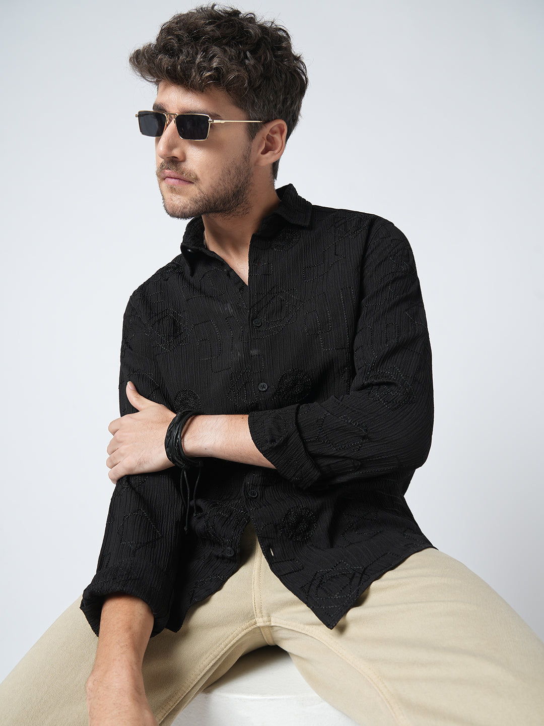 Intricate Black Embroidered Textured Shirt