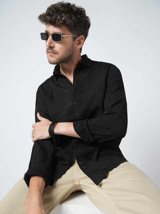 Intricate Black Embroidered Textured Shirt