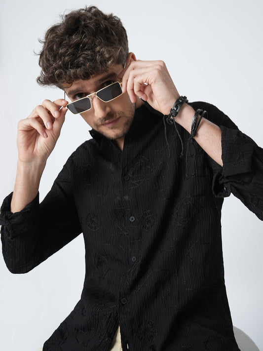 Intricate Black Embroidered Textured Shirt