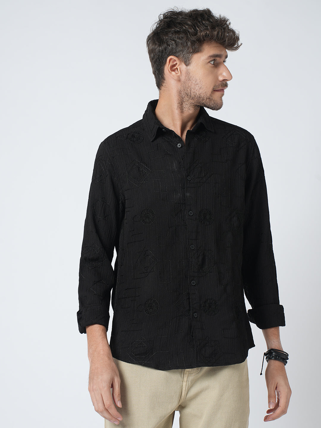 Intricate Black Embroidered Textured Shirt
