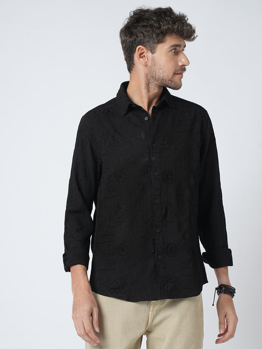 Intricate Black Embroidered Textured Shirt
