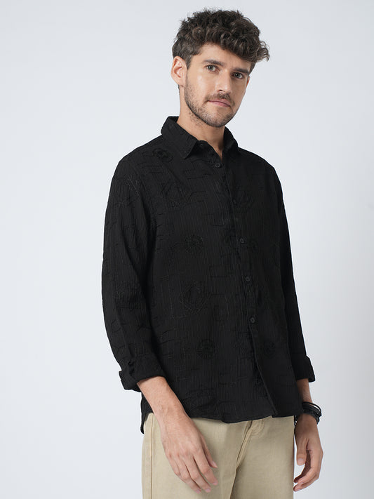 Intricate Black Embroidered Textured Shirt