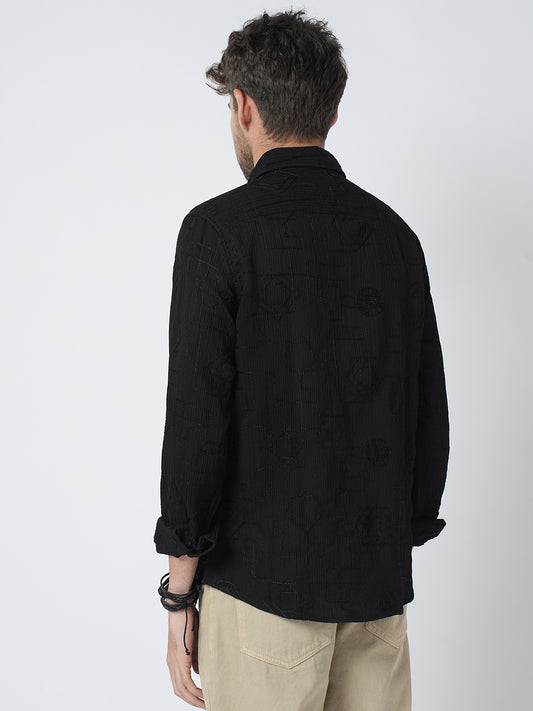Intricate Black Embroidered Textured Shirt
