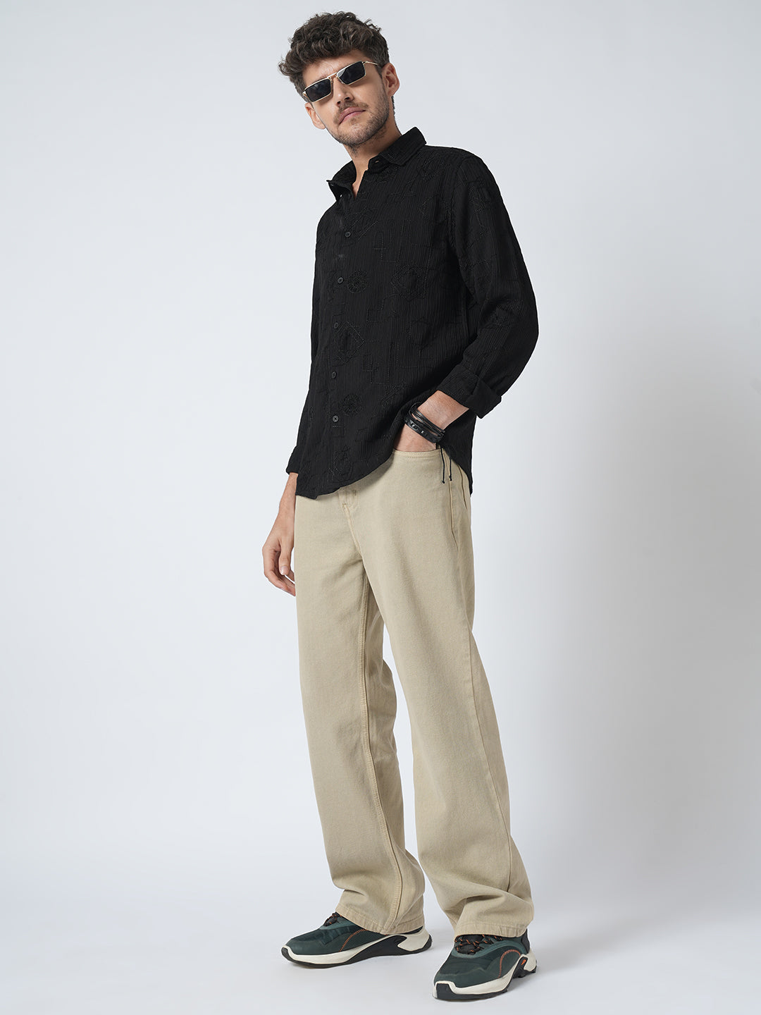Intricate Black Embroidered Textured Shirt