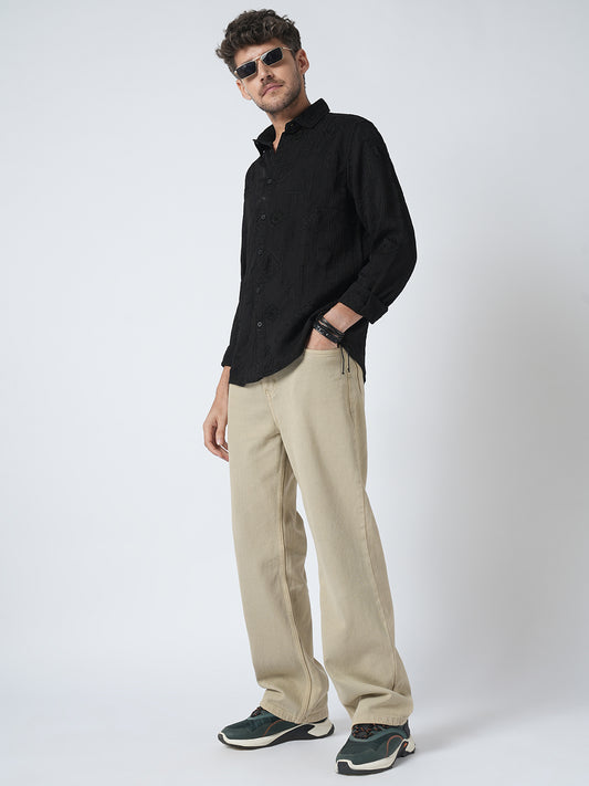 Intricate Black Embroidered Textured Shirt