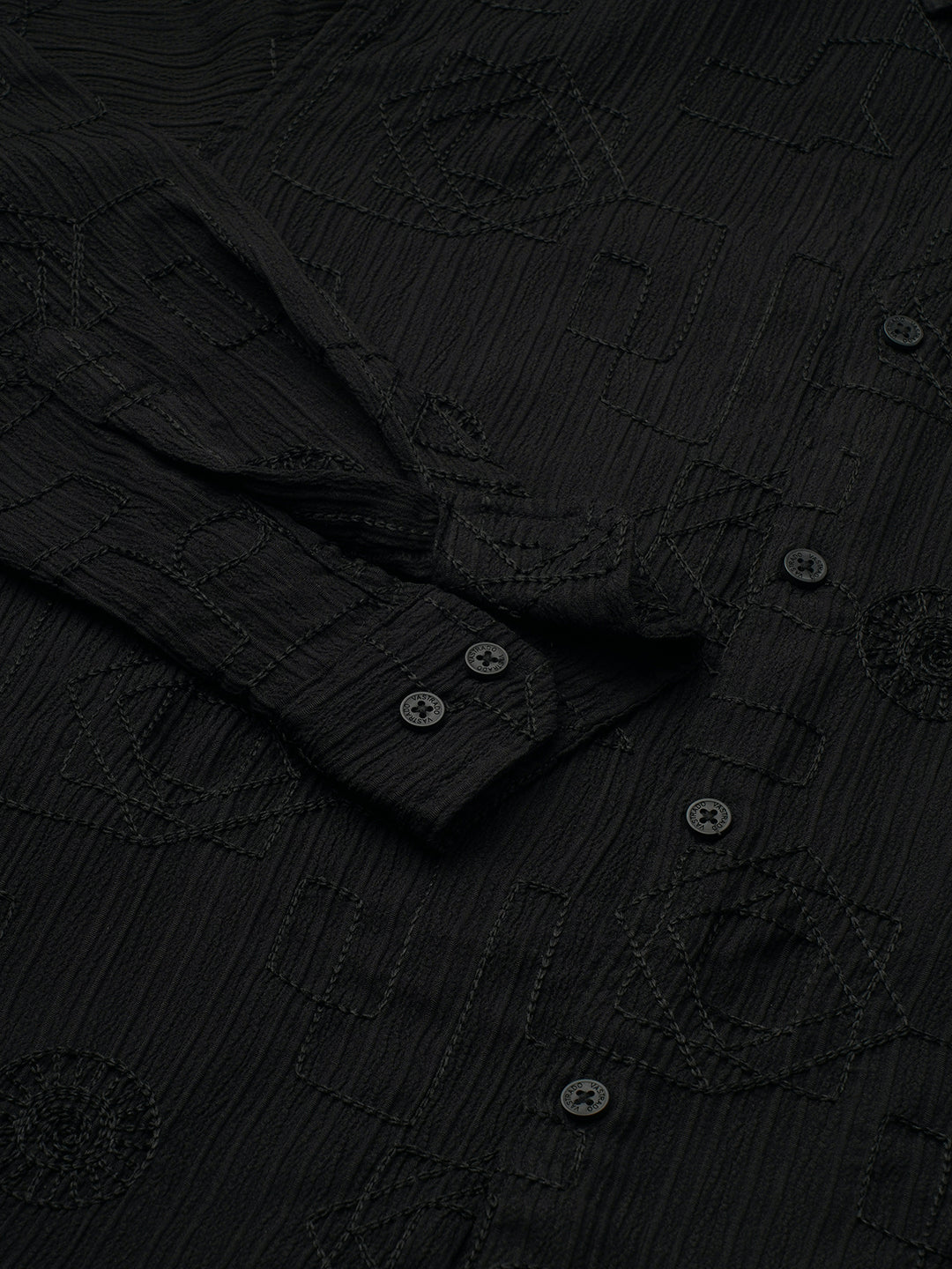 Intricate Black Embroidered Textured Shirt