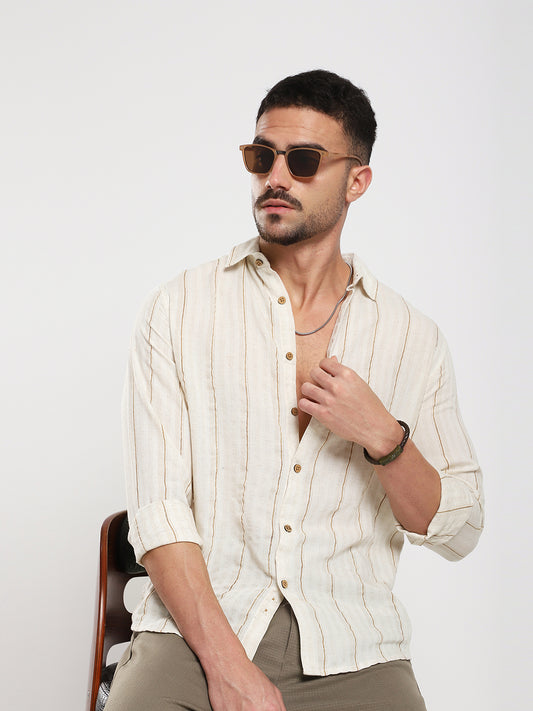 Natural Beige Contrast Linen Blend Stripe Shirt