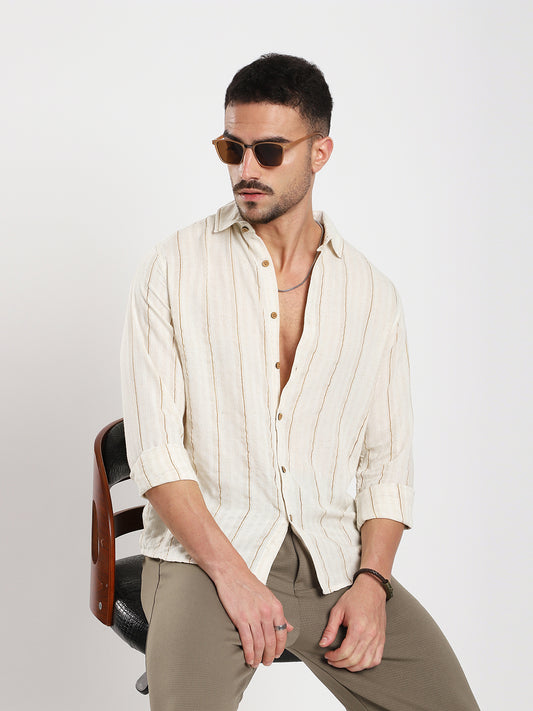 Natural Beige Contrast Linen Blend Stripe Shirt