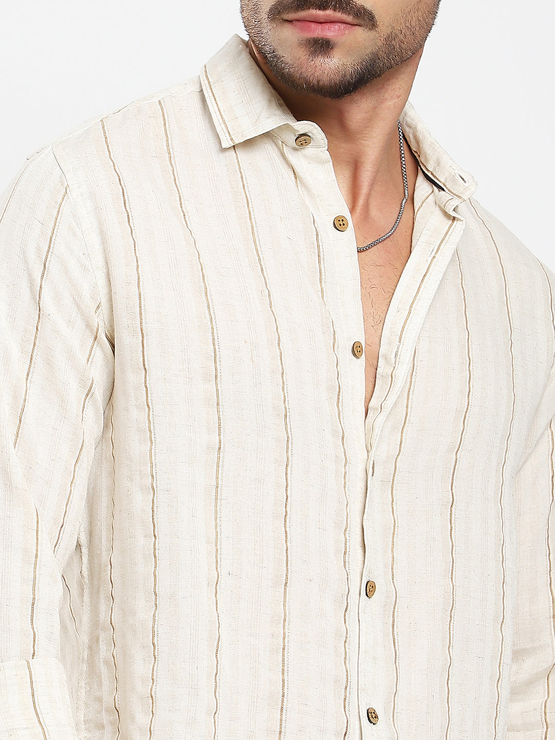 Natural Beige Contrast Linen Blend Stripe Shirt
