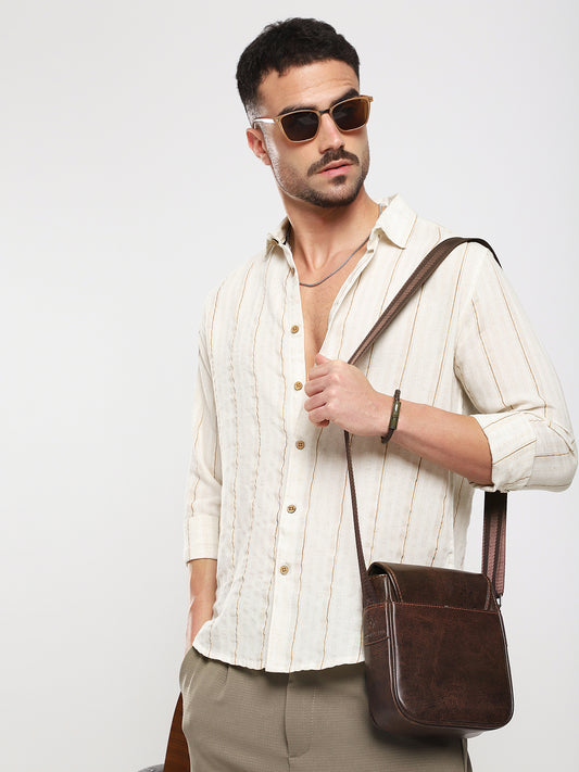 Natural Beige Contrast Linen Blend Stripe Shirt