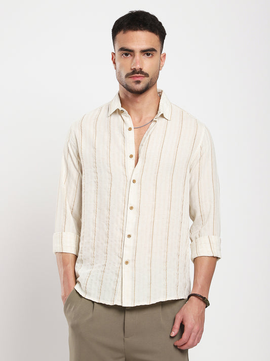 Natural Beige Contrast Linen Blend Stripe Shirt