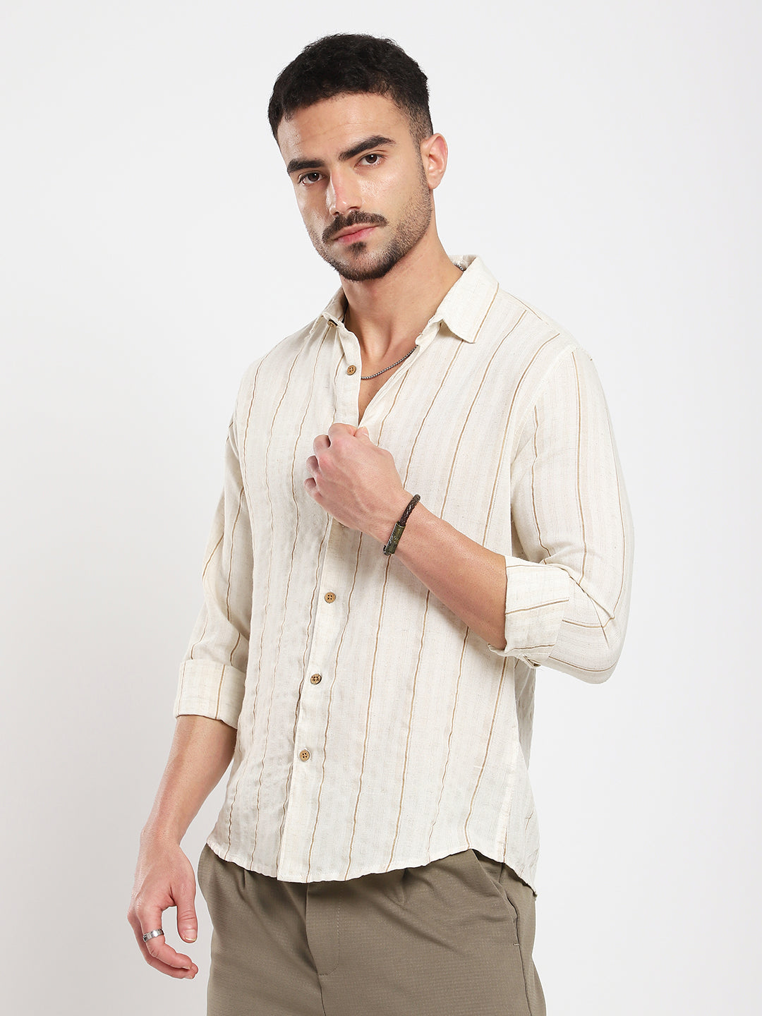 Natural Beige Contrast Linen Blend Stripe Shirt