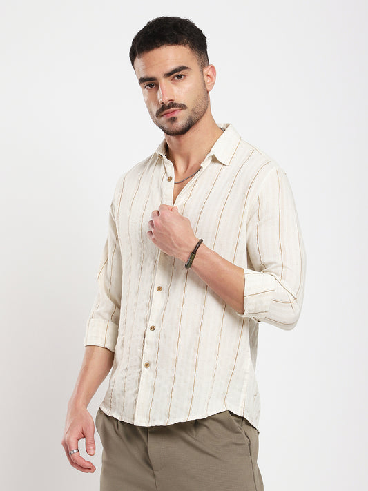 Natural Beige Contrast Linen Blend Stripe Shirt