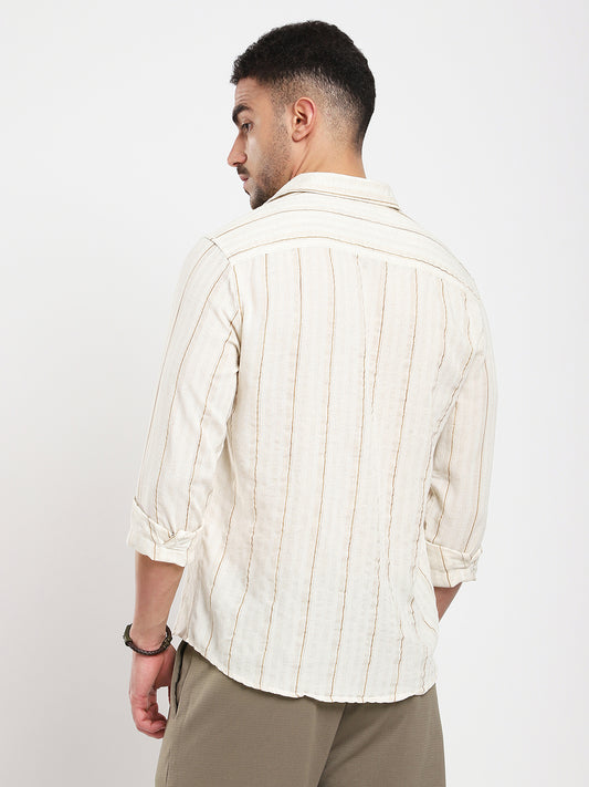 Natural Beige Contrast Linen Blend Stripe Shirt