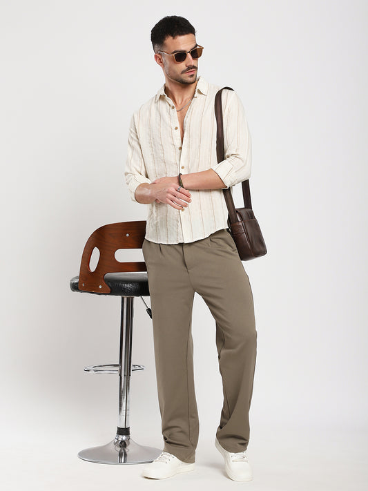 Natural Beige Contrast Linen Blend Stripe Shirt